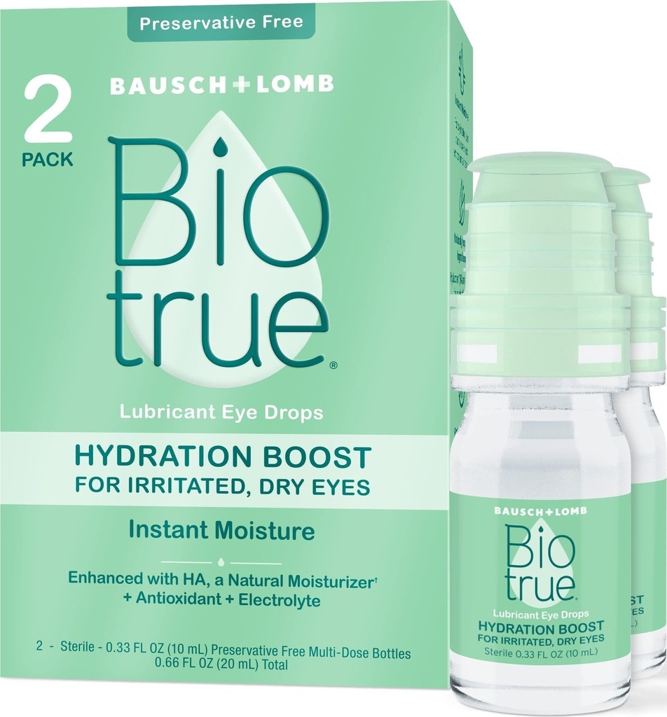 Biotrue Hydration Boost, 건조한 눈, 즉시 습기를 공급, 수화물, 콘택트 렌즈 친절하고, 새로 고침 눈 자극, 0.33 FL Oz (포장 2)