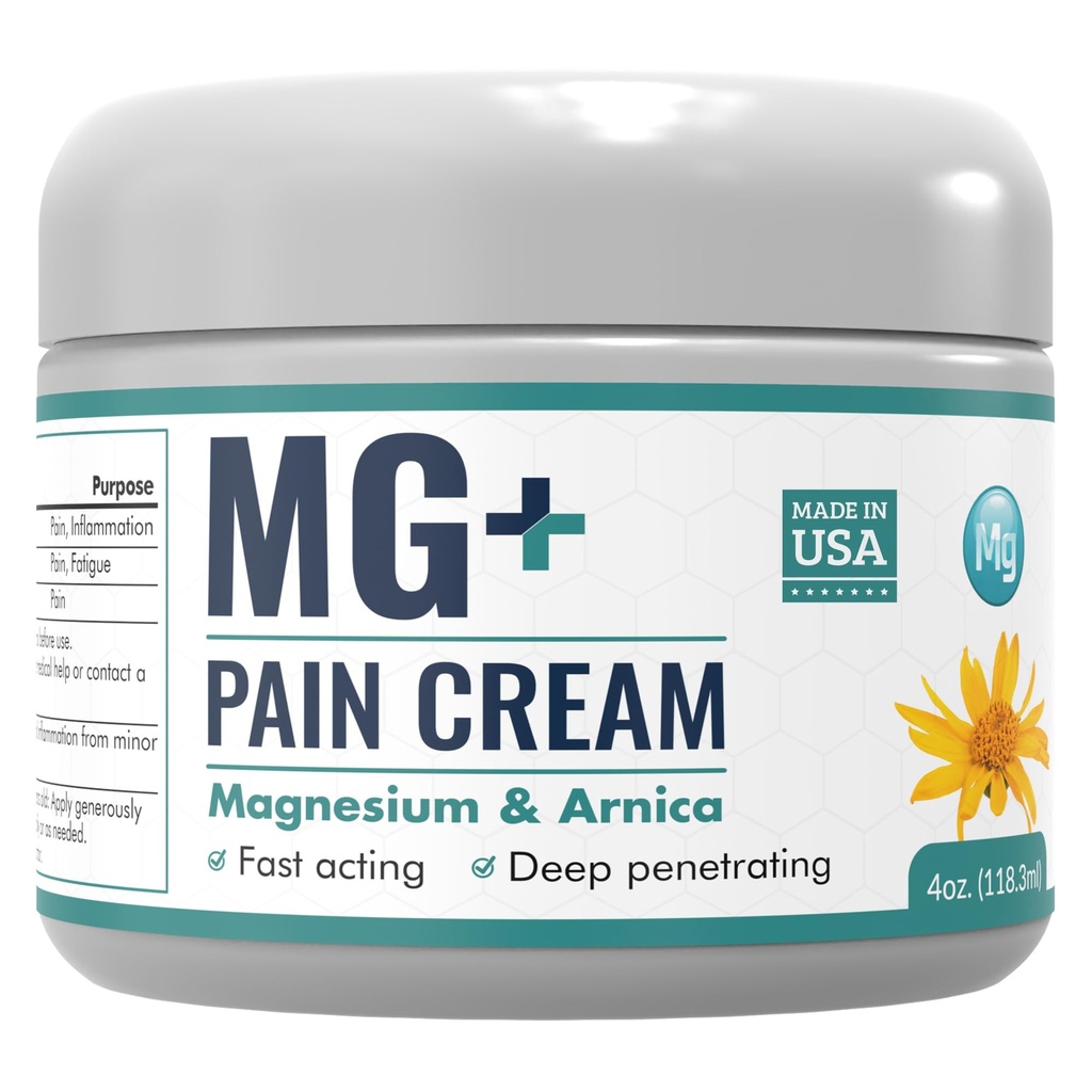 Mars Wellness MG + 마그네슘 크림 통증 완화 - 추가 강도 마그네슘 및 Arnica 크림 - 4 OZ Tub - Neuropathy, 근육 통증 및 다리 주름 완화 - 1 팩