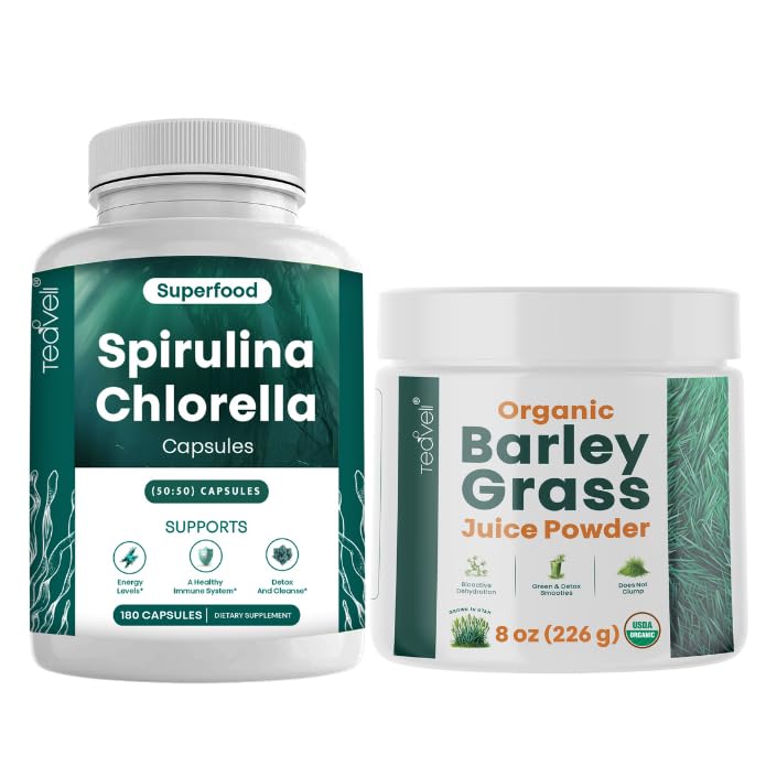 Teaveli Spirulina Chlorella 캡슐과 배리 잔디 주스 분말 뭉치