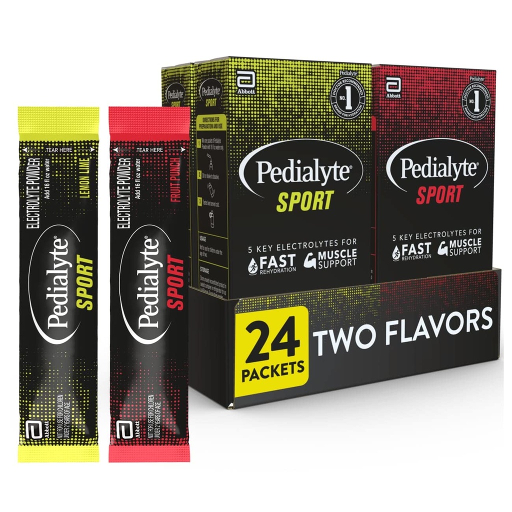 Pedialyte 스포츠 전해질 분말, 근육 지원을 위한 5개의 열쇠 Electrolytes를 가진 빠른 Hydration, 도중 & 운동 후에, 12 레몬 Lime & 12 과일 펀치, 0.49-oz 소포 (24 조사)