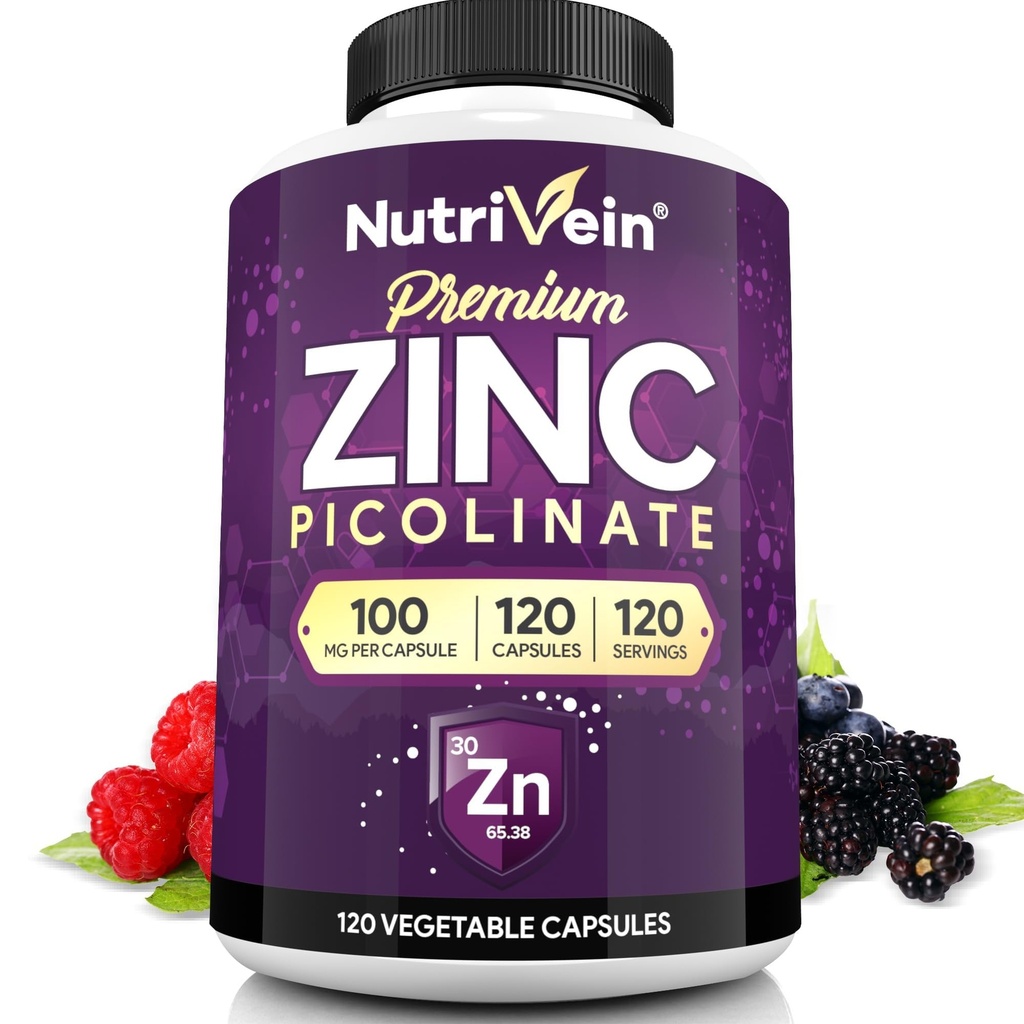 Nutrivein 프리미엄 아연 Picolinate 100mg - 성인 120 캡슐 : 높은 흡수 아연 Picolinate 보충 교재 - 전반적인 웰빙을위한 필수 영양 - 최대 생체 이용 가능