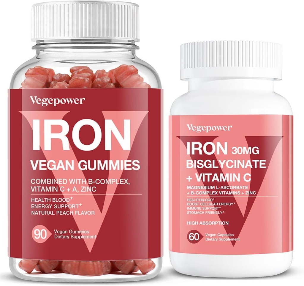 Vegan Iron Gummies + Iron Bisglycinate 30MG | 성인 및 어린이를위한 건강하고 매일 에너지를위한 Vegan Iron Supplement 지원 - 90 Count+60 Count