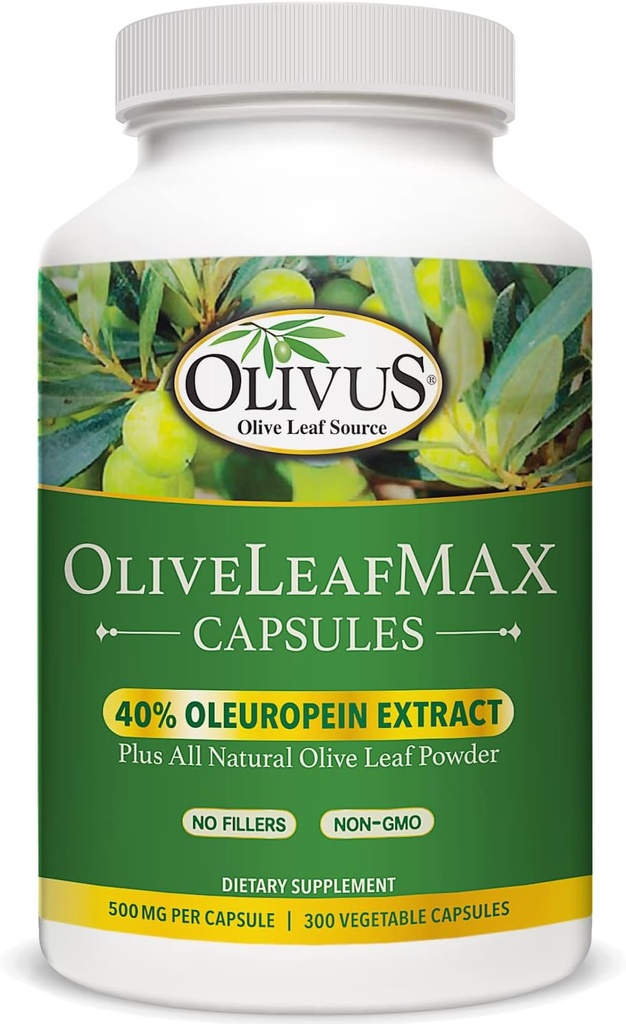 OliveLeafMAX 올리브 리프 추출물 (40% Oleuroepin) + 유기 올리브 리프 파우더 + 필러 없음 + 300 채식 캡슐 + 스페인에서 소스 및 GMP 시설에서 제조
