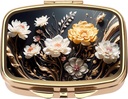 Dynippy Pill Case Pill Box with Mirror Retro Pocket 2 Compartment Medicine Case 포켓 지갑 및 여행을위한 비타민 알약 주최자 (골드 꽃 1)