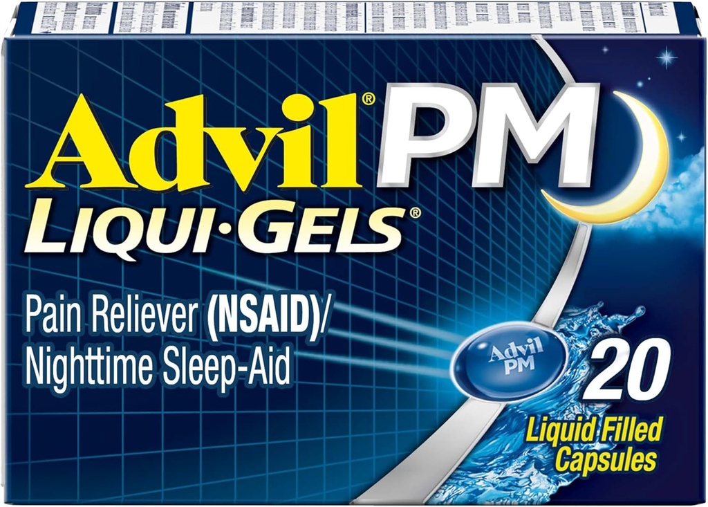 Advil PM Liqui-Gels Pain Reliever 및 야간 수면 보조, 통증 완화 및 수면 보조를위한 Diphenhydramine HCL에 대한 Ibuprofen과 통증 의학 - 20 액체 채워진 캡슐 - 대학으로 돌아 가기