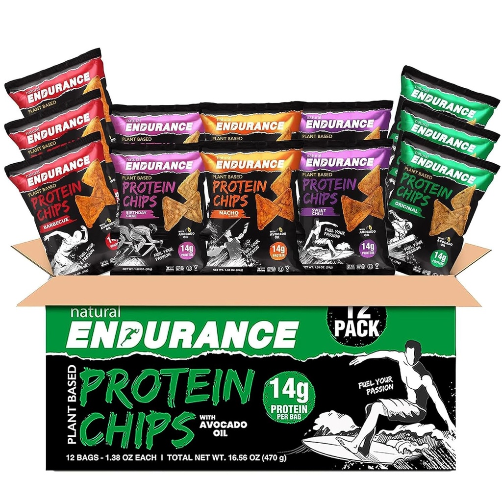 Natural Endurance Protein Chips - 낮은 Carb 칩, 고단백 스낵, Avocado Oil, 14g Protein Per Bag, Gluten Free, Nacho, BBQ, Chili, 생일 케이크, Original - Variety Pack, 1.38 oz Bags (Pack of 12)
