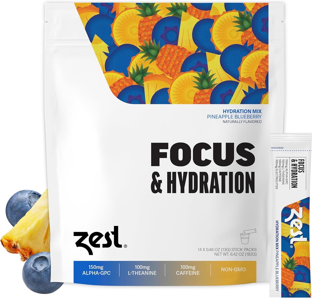 Zest 초점 & 생산력 에너지 음료 – 파인애플 블루 베리 100 mg 카페인, L-Theanine & 150 mg 알파 GPC Nootropics를 가진 청결한 에너지 분말 소포 – 기억을 위한 낮은 설탕 Electrolytes – 14의 지팡이