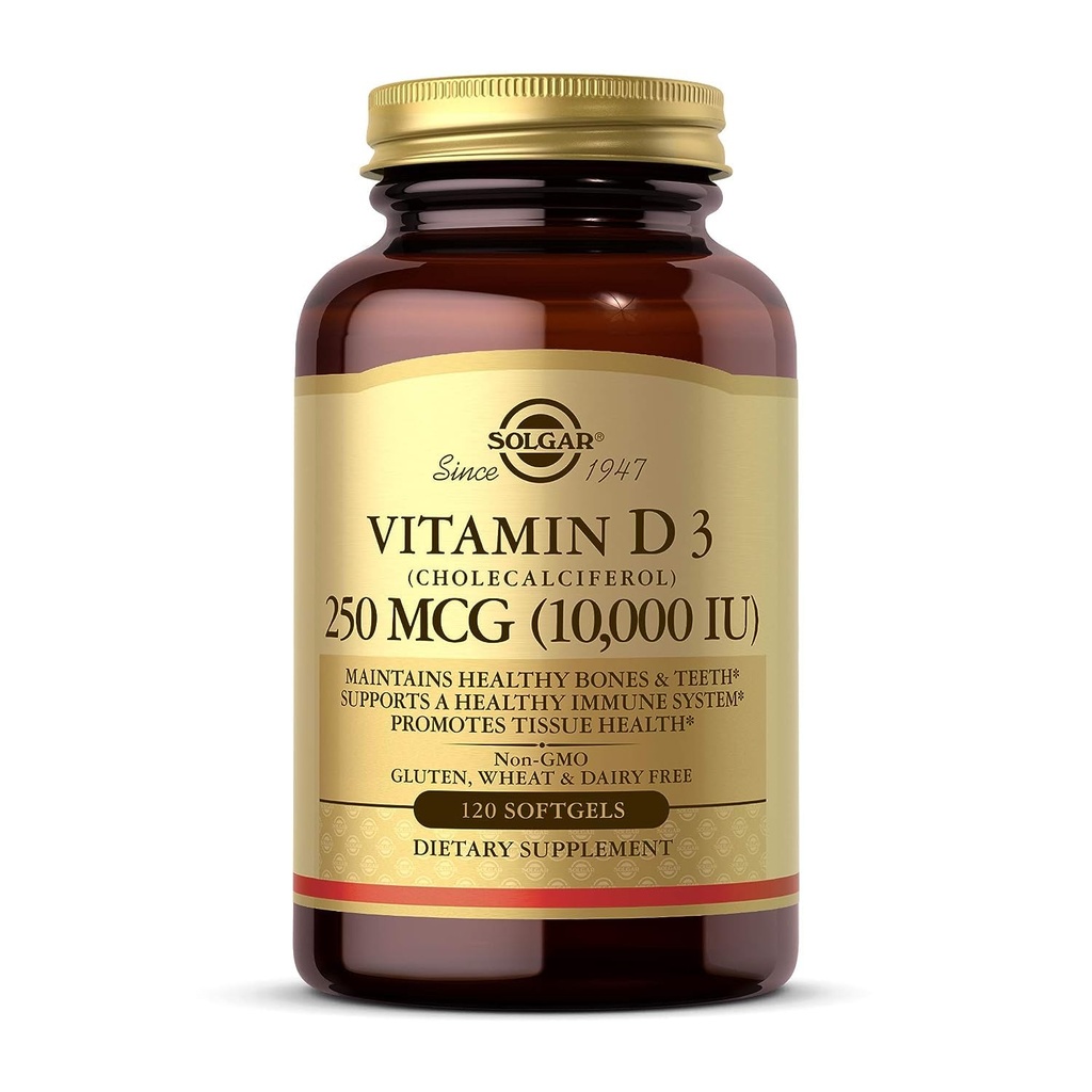 Solgar Vitamin D3 (Cholecalciferol) 250 MCG (10,000 IU), 120 Softgels - 건강한 Bones & Teeth 유지 - 면역 시스템 지원 - 비 GMO, 글루텐 / 낙농장 무료 - 120 서빙