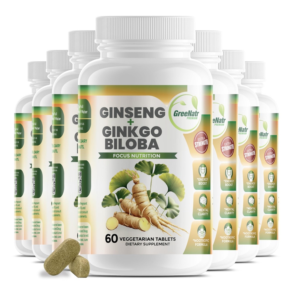 GreeNatr Ginko Biloba & Panax Ginseng 보충교재 - 기억과 초점을 위한 빨간 인삼 뇌 보충교재 - Ginkgo Biloba 좋은 시각, 면역 체계 및 개량한 혈액 교류를 위한 보충 교재 - 12의 병