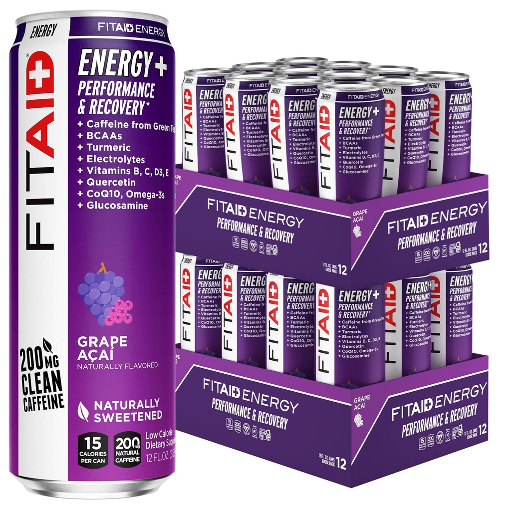 LIFEAID FITAID 에너지 포도 AÇAI, 200mg 자연적인 카페인, 케토, 전 운동 성과: BCAA, Quercetin, 전해질, Omega-3s, 15 칼로리, Paleo, Vegan & 글루텐 자유로운, 12oz (24의 포장)