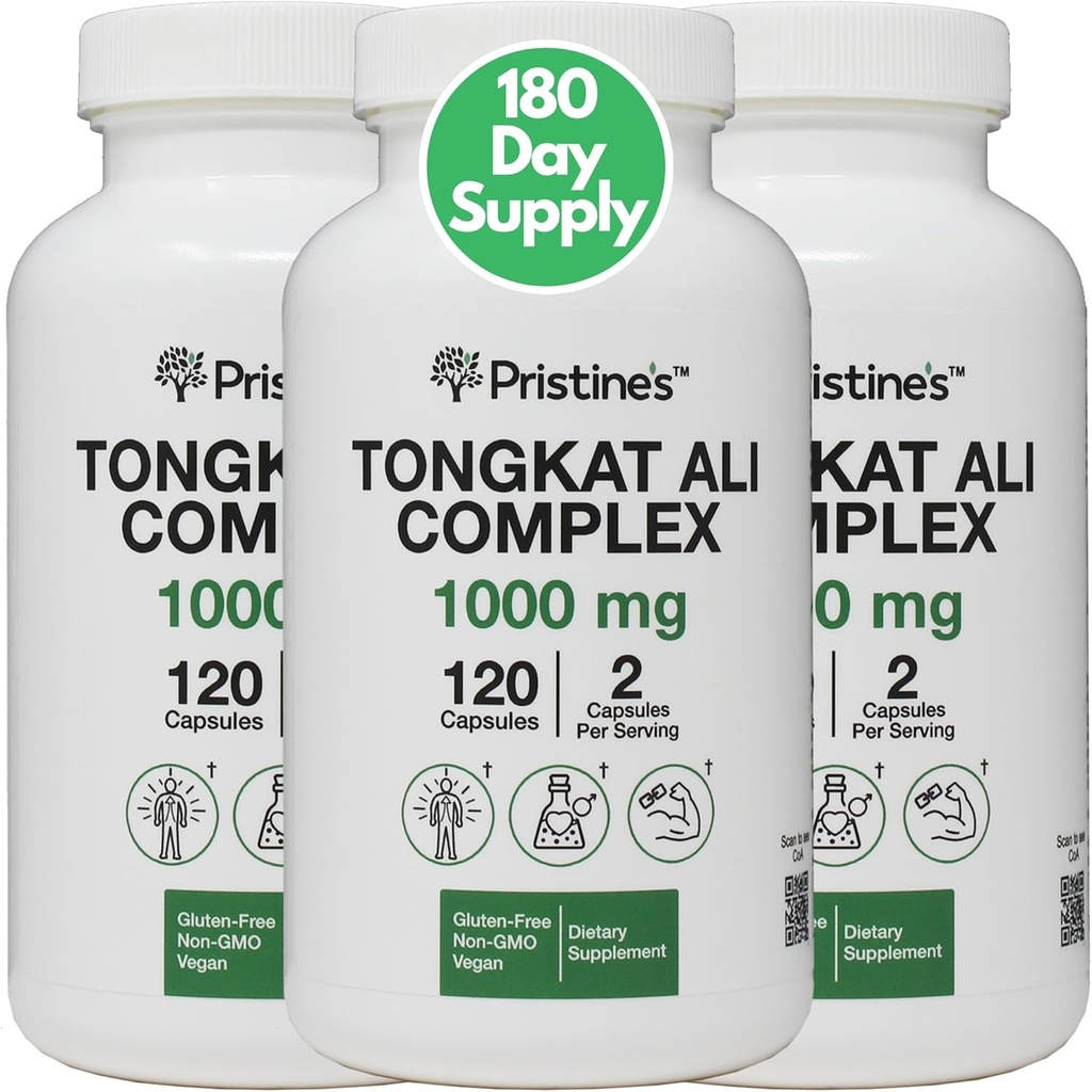 PRISTINE'S Tongkat Ali 1000mg 180 Day Supply (3 Pack) - Athletic Performance Support - 남성 및 여성을위한 초본 보충을 구축하는 Lean 대량 근육 - Vegan, 글루텐 무료, 비 GMO