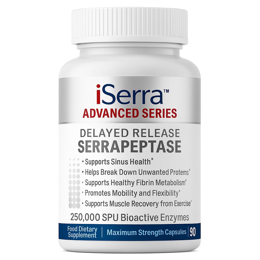 iSerra 250,000 SPU Serrapeptase Enzyme - 90 최대 힘 캡슐 - 다른 Serrapaptase 보다는 12x 더 유력한까지 - 지연된 방출 기술 높 힘 비 GMO, 글루텐 자유로운, Vegan (1의 포장)