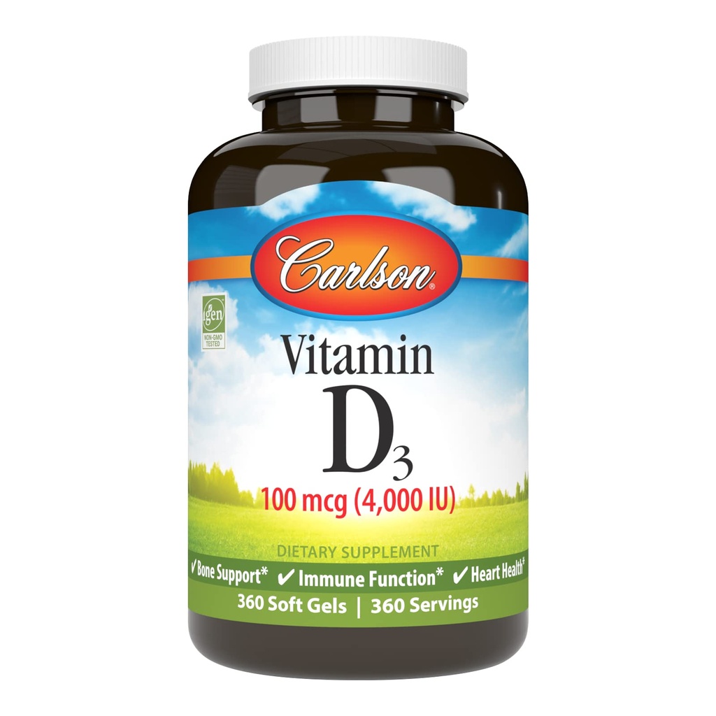 Carlson - 비타민 D3 4000 IU (100 mcg), 면역 지원, 뼈 건강, 근육 건강, Cholecalciferol, 비타민 D 보충교재, 비타민 D3 연약한 젤, 360 Softgels