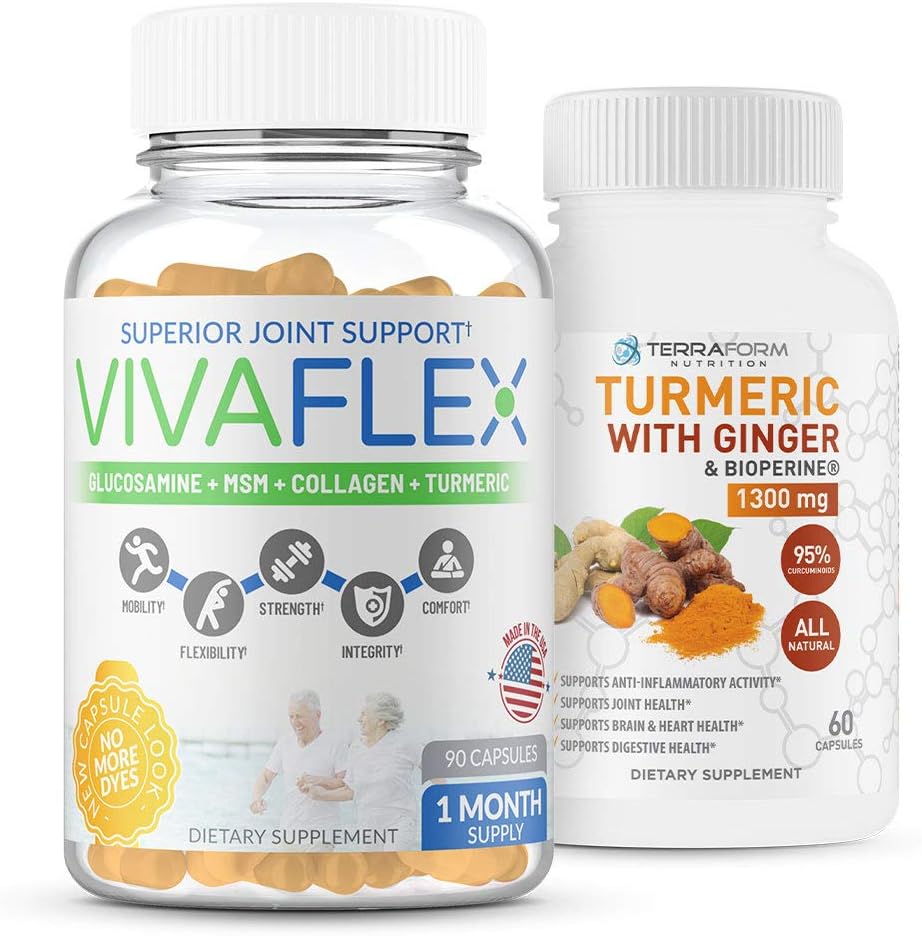 Terraform Nutrition Joint Relief Combo Pack - Ginger가있는 Vivaflex Plus Turmeric Curcumin - 관절 및 무릎 완화를위한 최고의 보충제 - 1 개월 공급