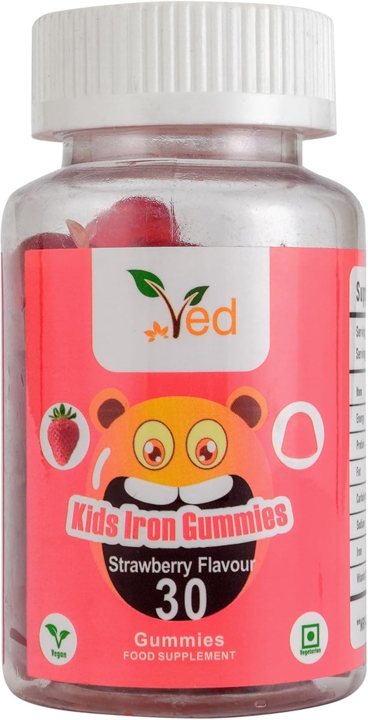 철 보충교재, 에너지 & 면역 체계를 위한 Ved 아이 철 Gummies – Vegan - 15 일 공급, 30 Chewable 아이 비타민 Gummies. (15 일 공급)