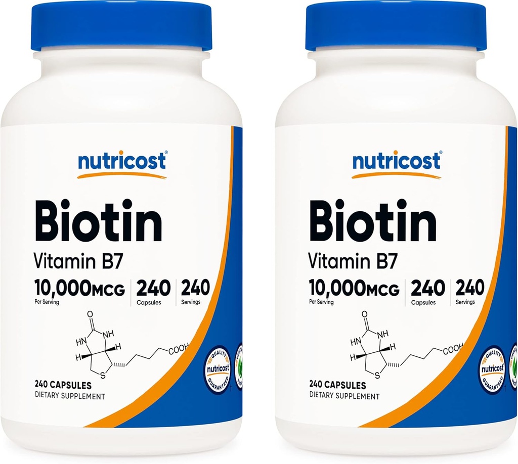 Nutricost Biotin (비타민 B7) 10,000mcg (10mg), 240 모자 (2 병) - 비 GMO, 글루텐 무료