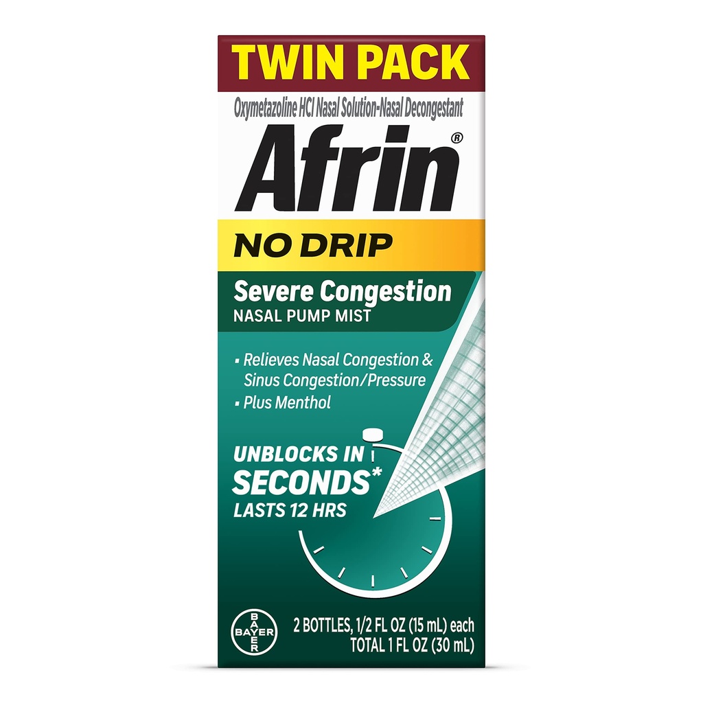 Afrin No Drip Severe Congestion Nasal Mist Twin Pack, Non-Drowsy, Nasal Congestion 및 Sinus 압력 구호, 성인 및 어린이 6 및 이전, .5 fl oz (포장 2)