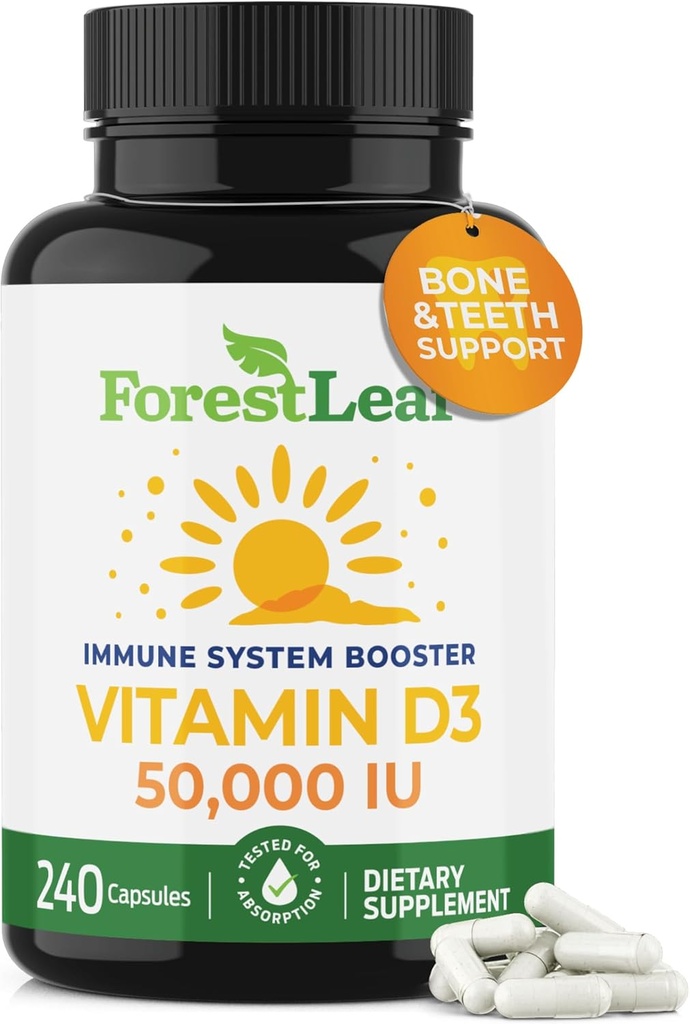 ForestLeaf 비타민 D3 50,000 IU | VIT D-VIT D3 비타민 D 여성과 남성용 보충 | 뼈 건강, 치아, 면역 지원 | 삼키기 드릴게 쉬운 | 높은 효능 주간 복용량, 4 년 공급, 240 캡