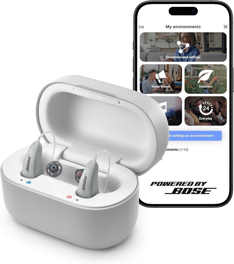 Lexie B2 OTC Hearing Aids Bose - iOS 용 Bluetooth Call Enabled, App Control과 충전식, 하루의 편안함. Self-Fit 솔루션, 소음 감소, Mild to Moderate Hearing Loss (Gray)
