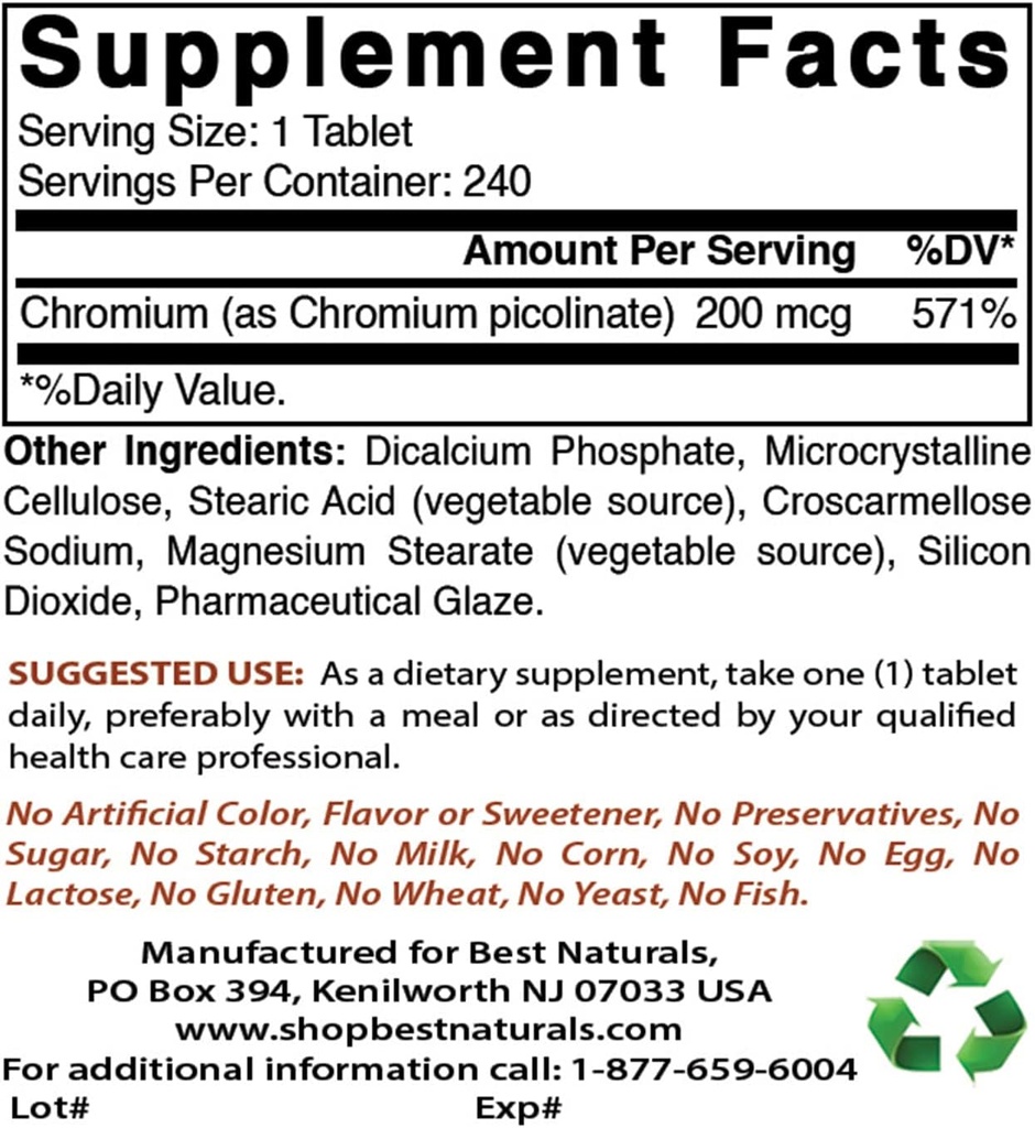 크롬 Picolinate D3를 가진 200 mcg & 비타민 K2 (MK7)