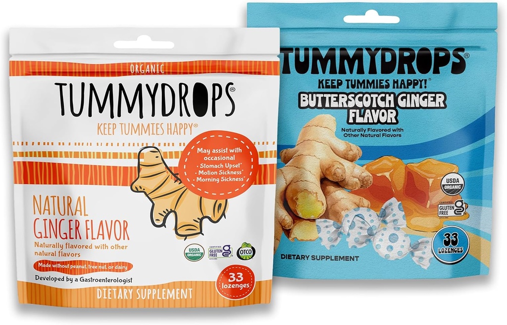 Tummydrops 유기 생강 뭉치, 1개의 부대 자연적인 생강 & Vegan Butterscotch Ginger의 각각, 글루텐 자유로운, USDA 유기, Vegan