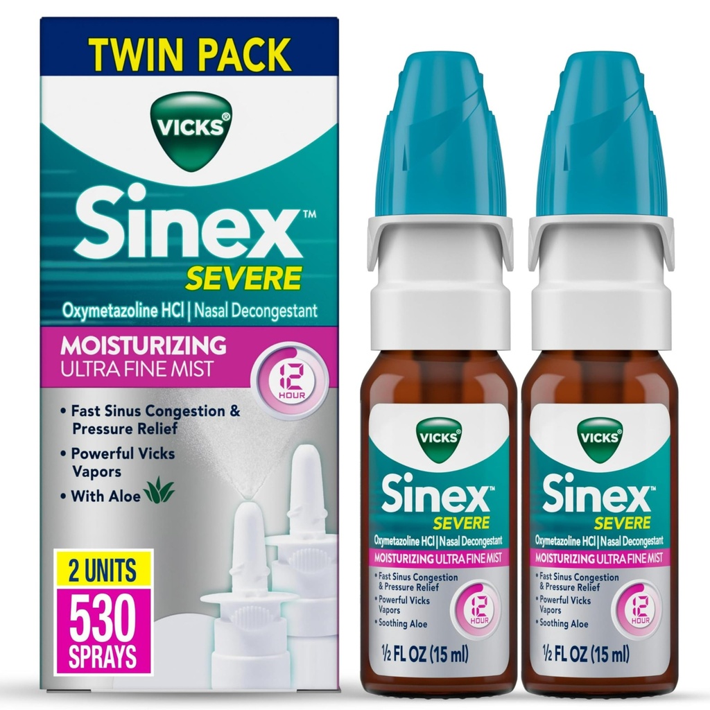 Vicks Sinex Severe Nasal 스프레이, Aloe, Decongestant Medicine, Stuffy Nose의 구호가 감기 또는 알레르기, Nasal Congestion & Sinus Pressure, 265 스프레이 x 2로 매우 미세 미스트