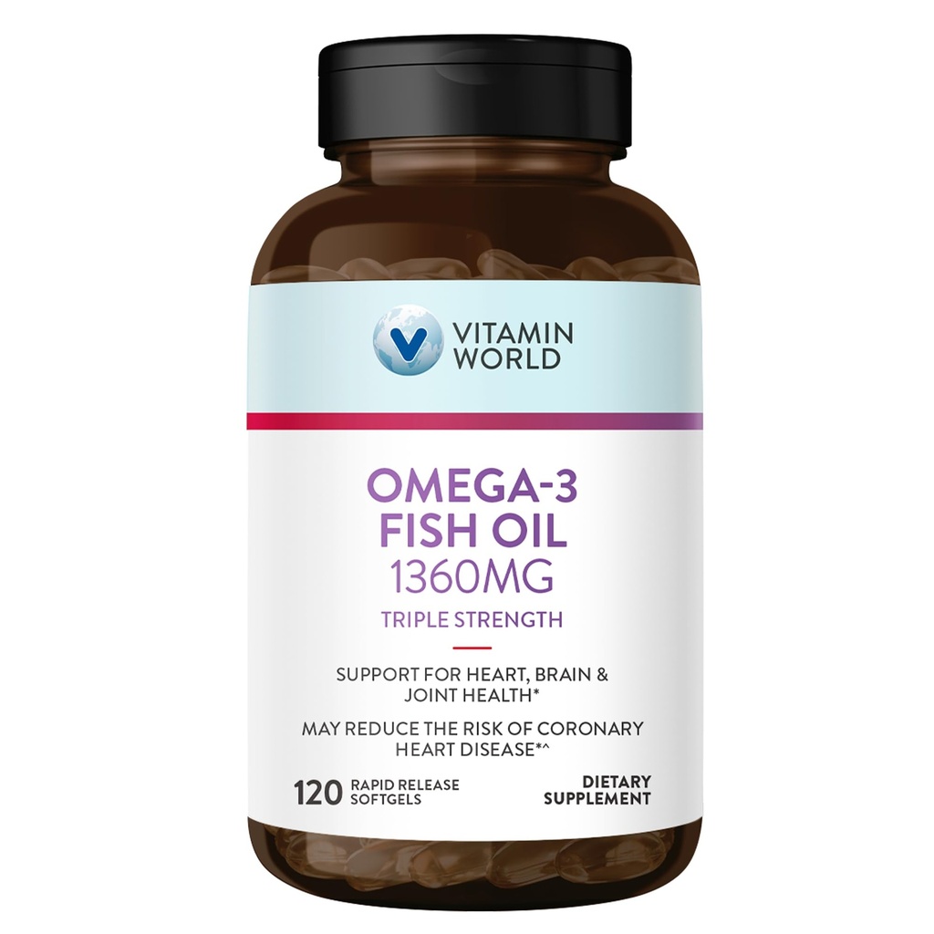 비타민 세계 세겹 힘 Omega 3 물고기 기름 1360 mg 보충교재, 950 mg EPA & DHA를 가진 활동적인 Omega-3 지방산은, 심장, 뇌 & 합동 건강을, 글루텐 해방합니다, 120 Softgels의 4 달 공급합니다