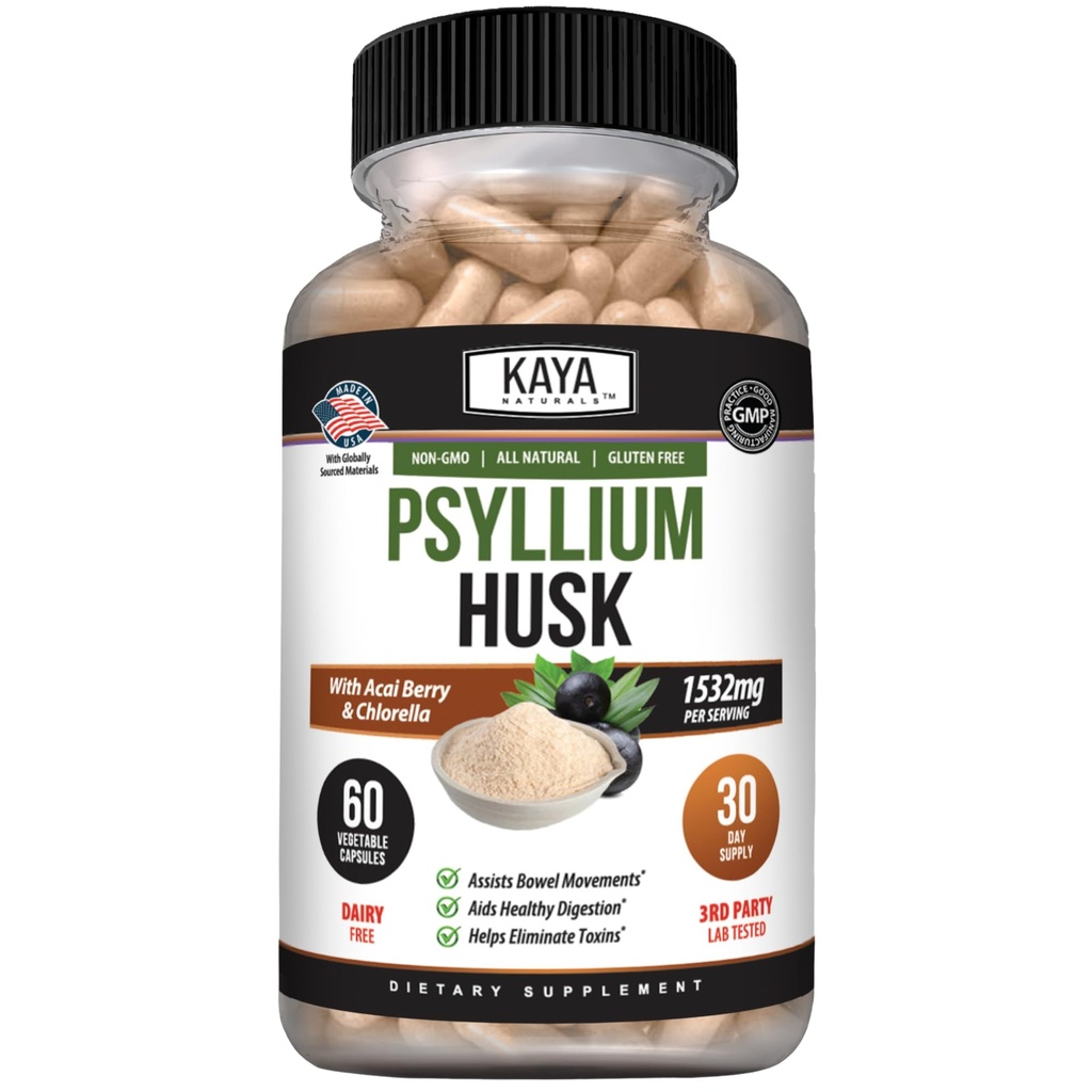 Kaya Naturals Psyllium Husk 캡슐 - 60 개 | 높은 섬유 보충 | 소화 건강 및 정기적 인 | 글루텐 프리, 비 GMO
