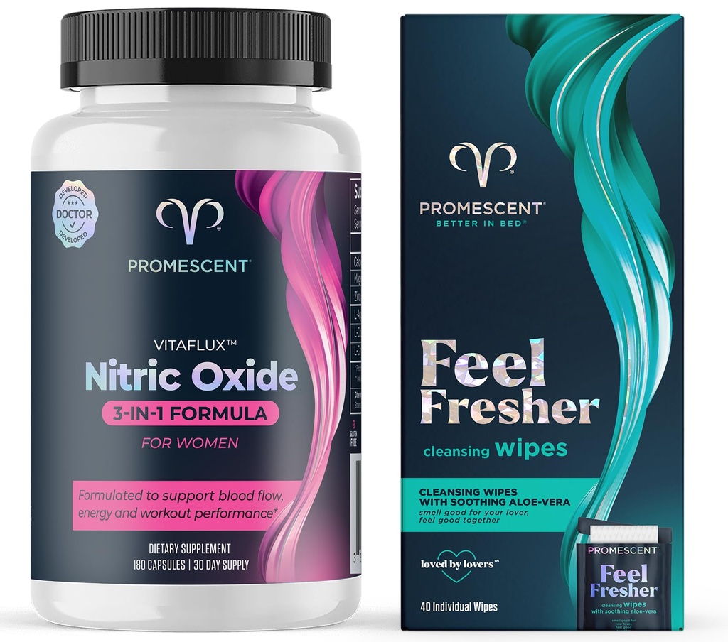 Promescent VitaFLUX Women's Nitric 산화물 승압기 보충교재 + 성인을 위한 Flushable 닦음, 남자와 Feminine 사용을 위한 개인적인 청결한 위생 젖은 닦음