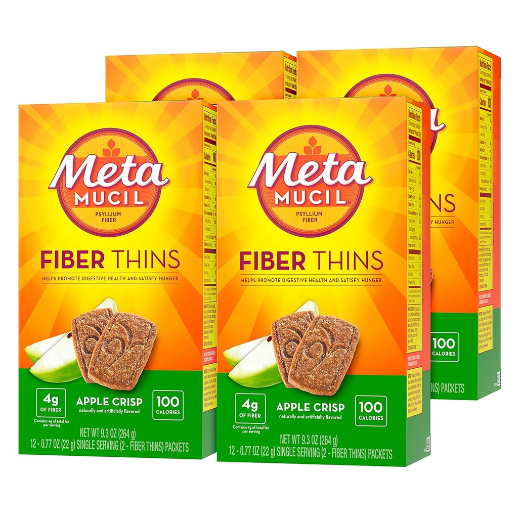 Metamucil Apple Crisp 맛있은 섬유는 Psyllium Husk, 9.3 Ounce, 4의 팩을 가진 규정식 섬유 보충교재를 엷게 합니다