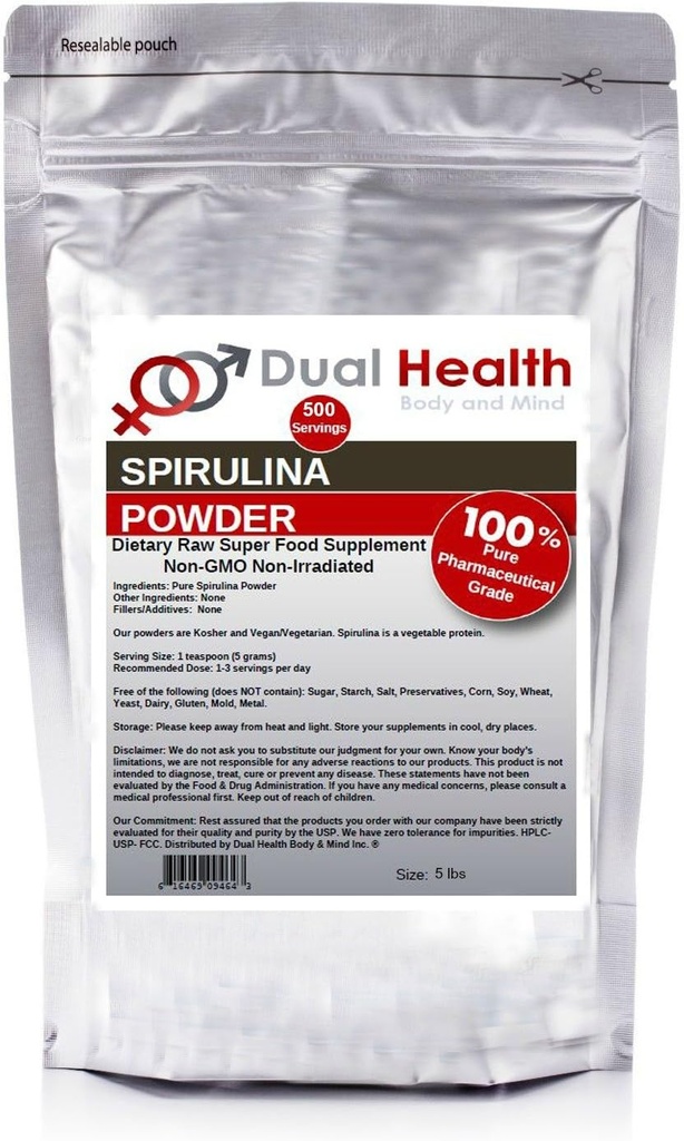 이중 건강 몸 & 마음 순수한 Spirulina 분말 (5 lbs) 비 Irradiated 단백질 Superfood 대량 보충교재