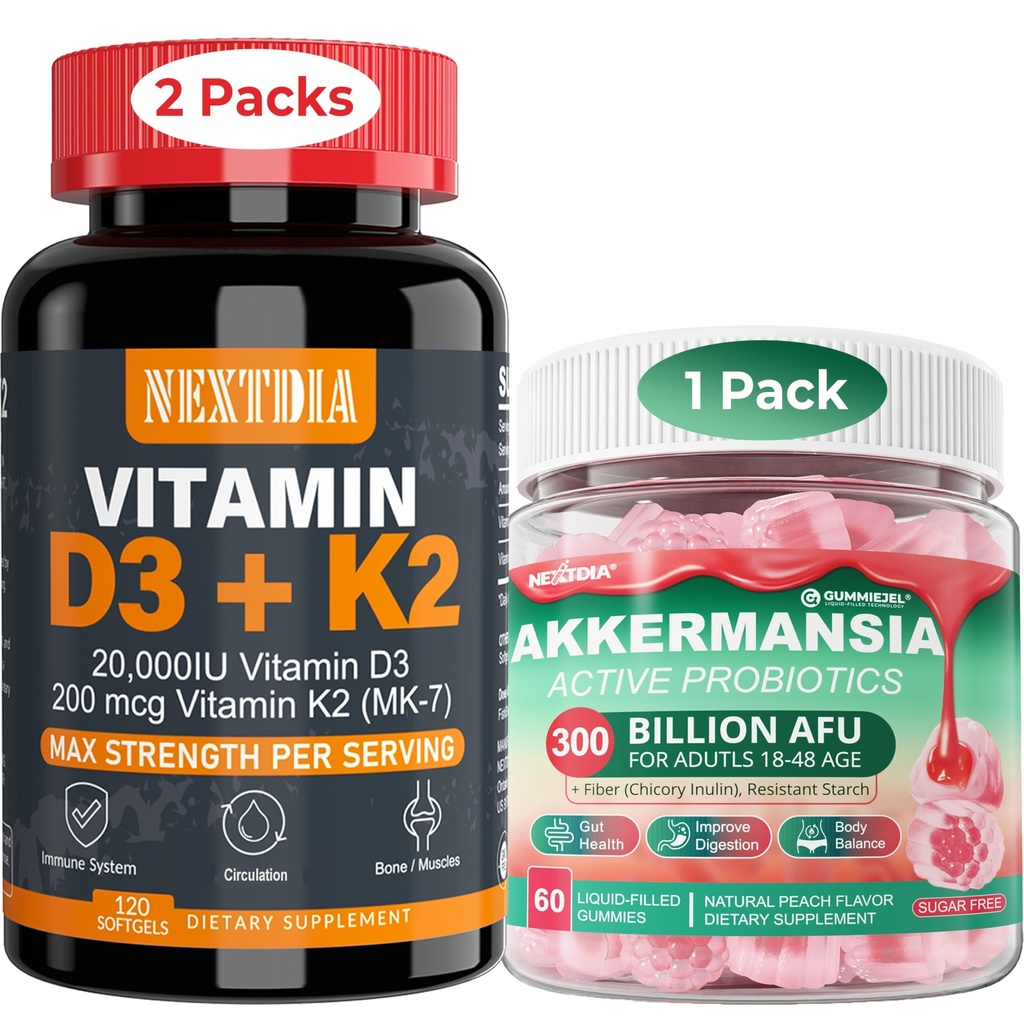 비타민 D3 20,000 IU + K2 (MK7) 200mcg Softgels + Prebiotics 섬유를 가진 Akkermansia Probiotics Gummies