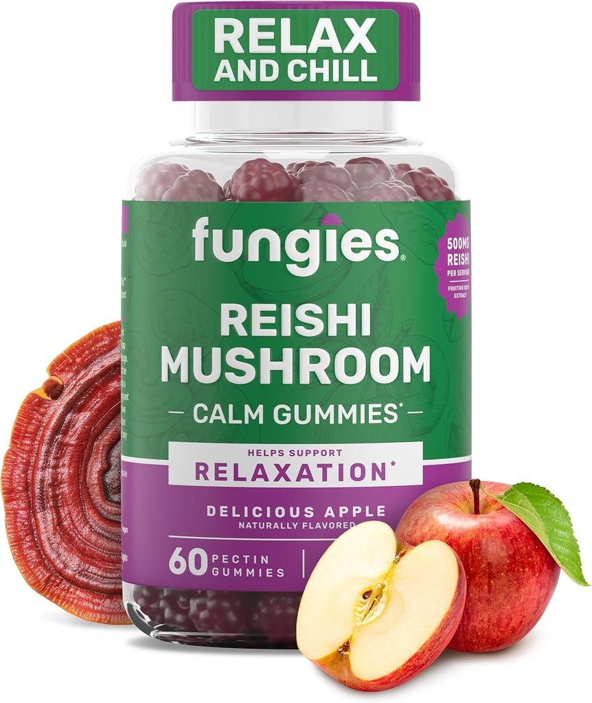 Fungies Reishi 버섯 Gummies, Delicious Apple 풍미 - 성인 지원 면역 건강, 휴식 및 건강한 노화를위한 버섯 초본 보충 거미 - 수면을위한 칼로리 - 60 서빙