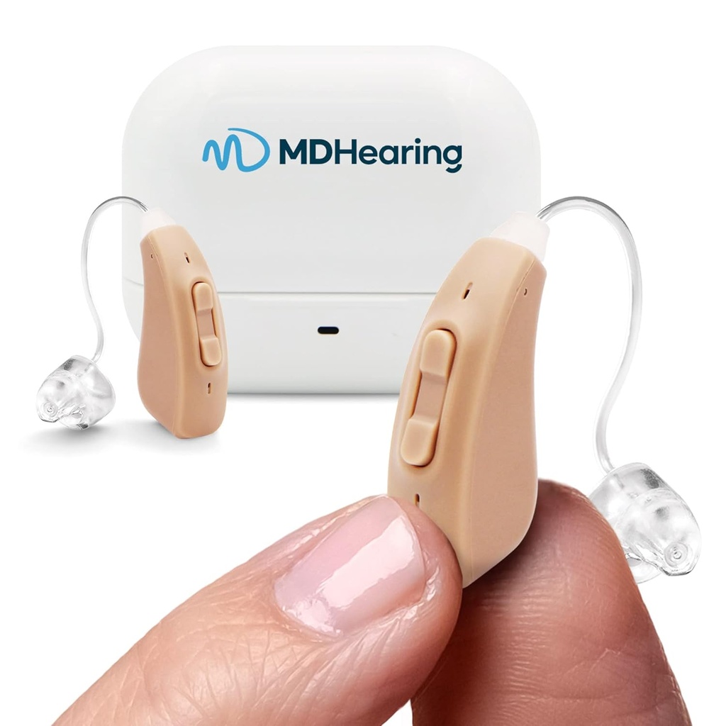 MDHearingAid AIR 보청기 (Pair), OTC 충전식, MDHearing의 크리스탈 명확한 디지털 사운드, 안경에 완벽한, 거의 보이지 않는