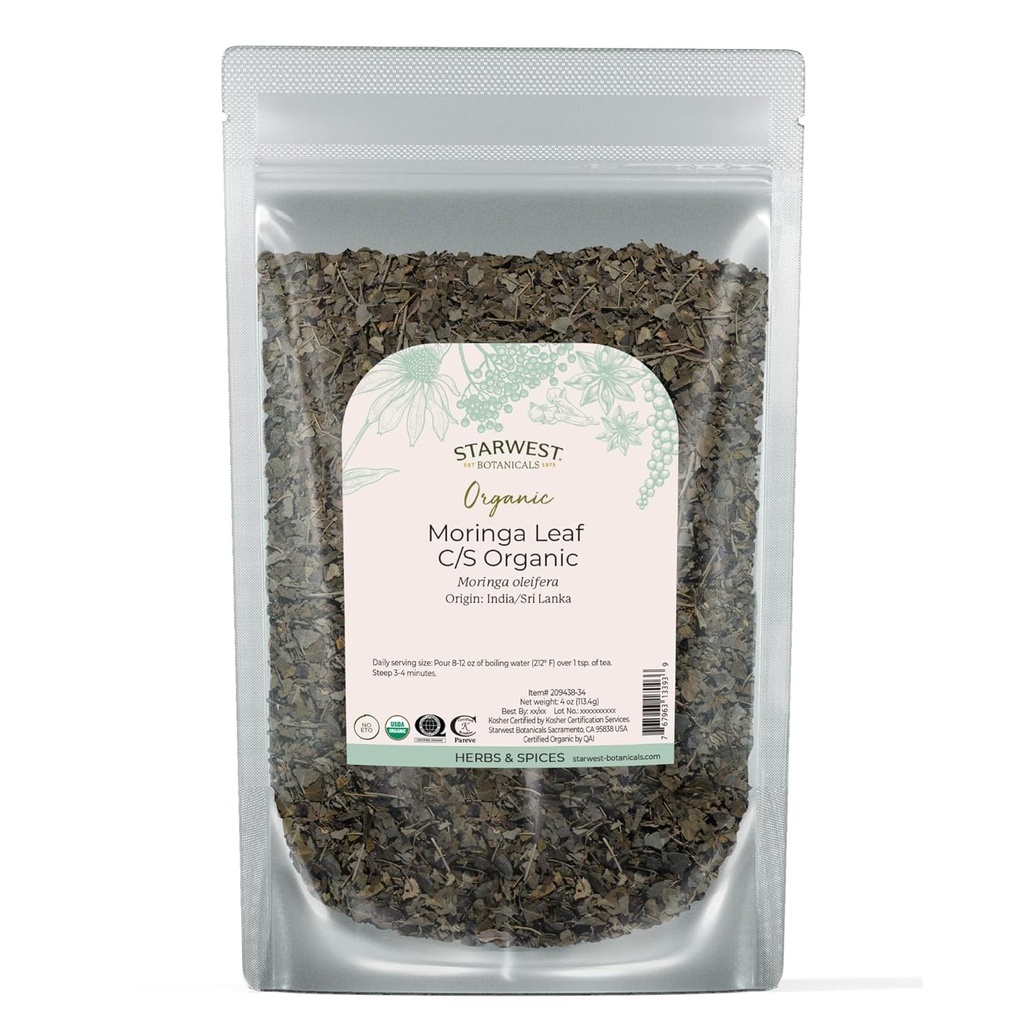 Starwest Botanicals 유기 Moringa 잎 - 차, 캡슐, 주스, & Smoothies, 산화 방지제, 커트 & Sifted의 자연적인 근원, 증명된 Kosher, 비 GMO - 4개 oz 주머니를 위한 허브