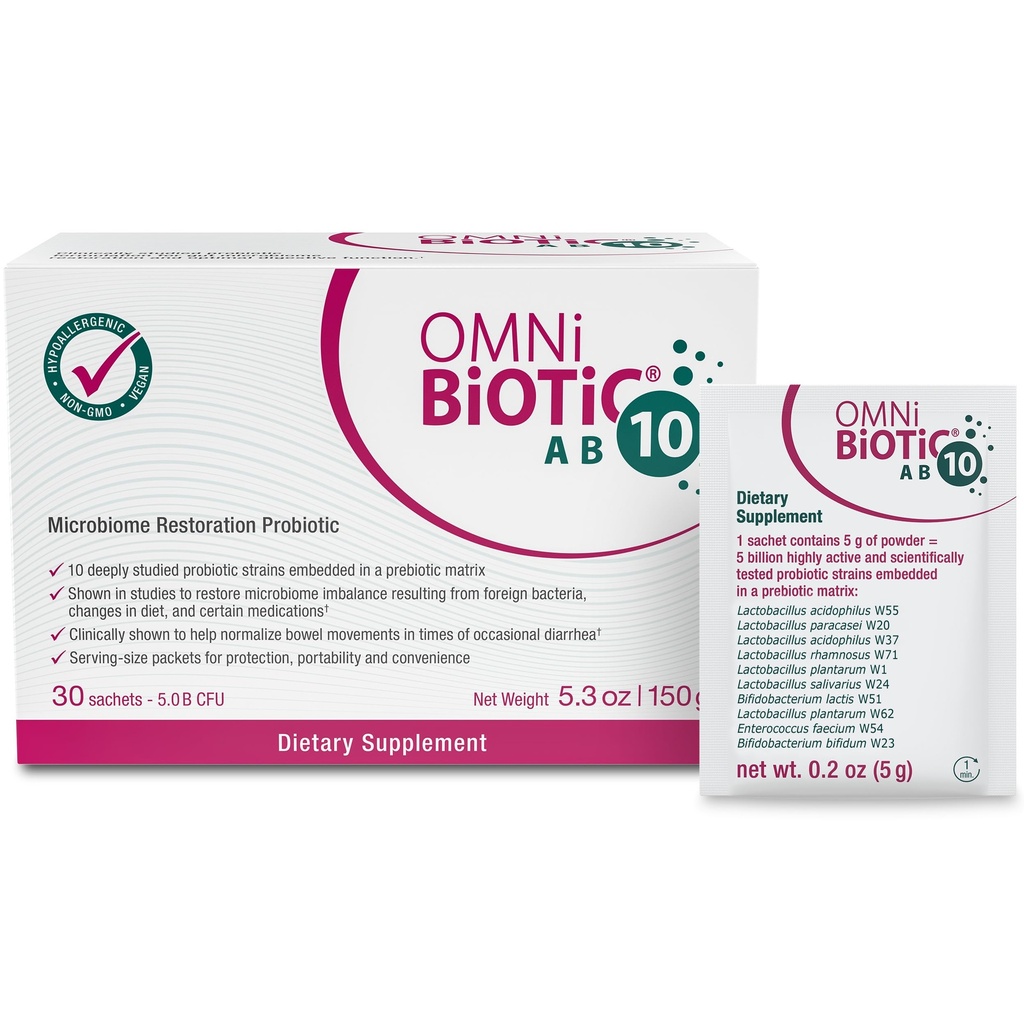 OMNi BiOTiC AB 10 - 임상 시험된 회복 프로바이오틱스 - 지원 & 복원 Gut Flora & 소화 - Diarrhea를위한 소화 프로바이오틱스 - Vegan, Hypoallergenic, Non-GMO (30 일일 패킷)