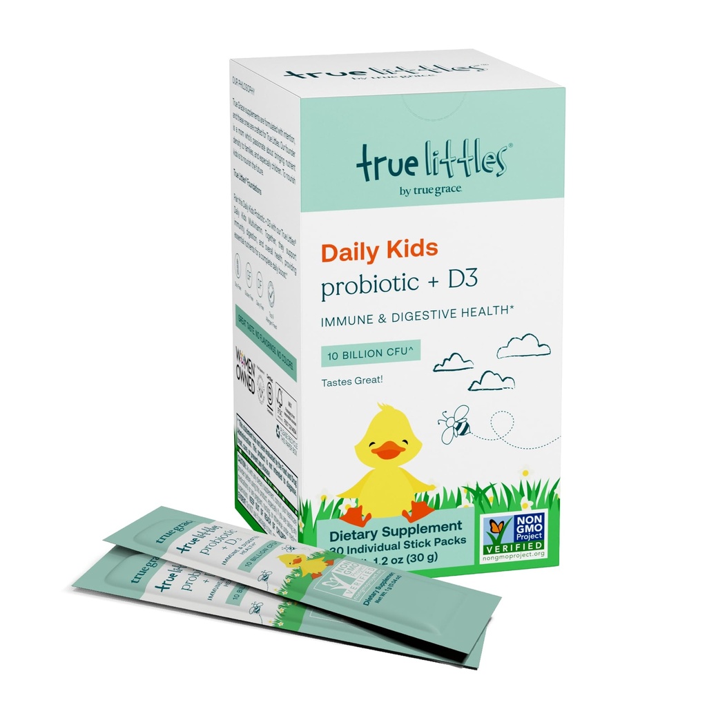 True Grace True Little - 30 개인 스틱 팩 - 아이의 일상 프로 바이오 틱 + 비타민 D3 면역 및 소화 건강 - 글루텐, 소이 & 데이리 무료 - 30 서빙