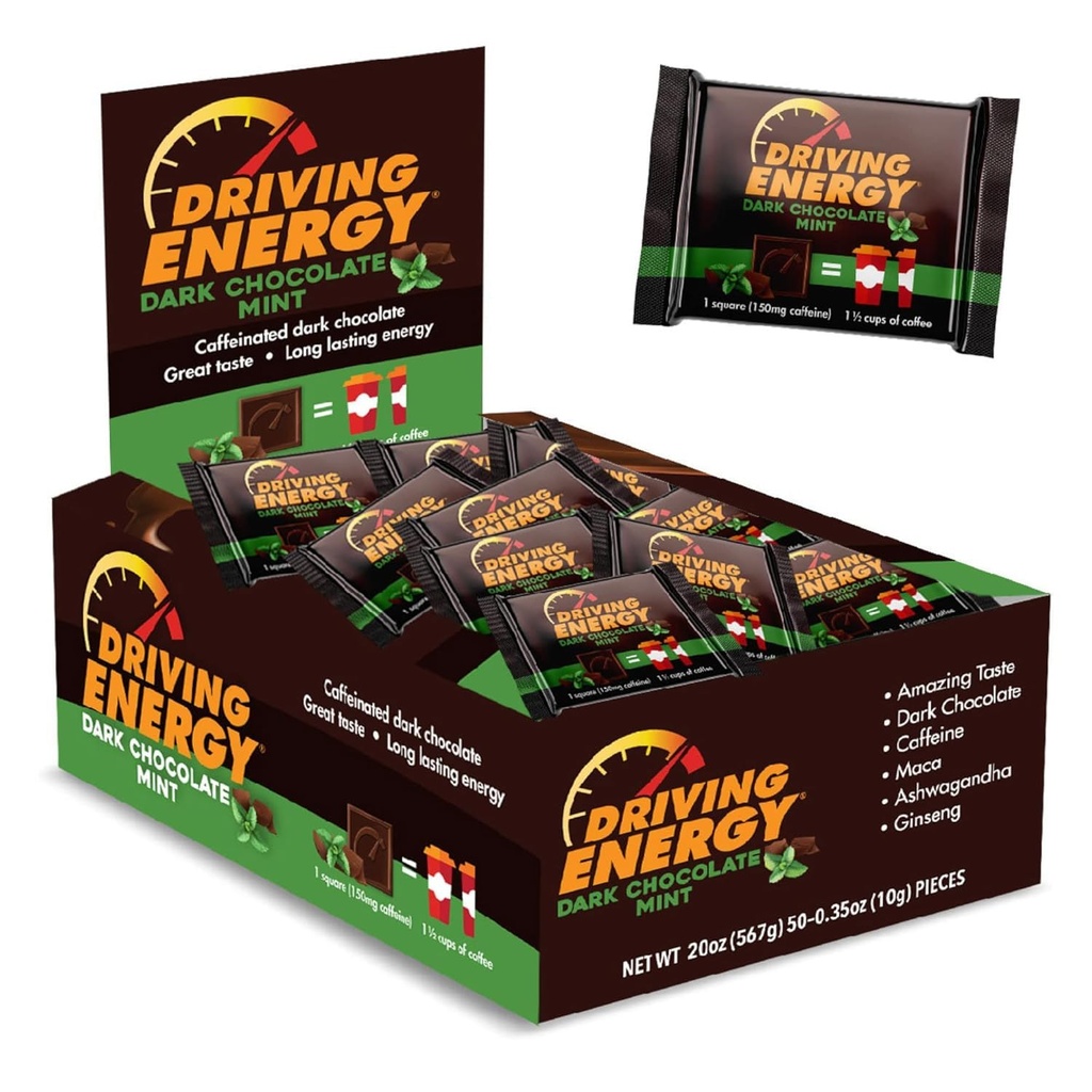 Driving Energy - Caffeinated Energy Bite Size - 다크 초콜릿 민트 에너지 연료 150mg 카페인 - 체육관, 운동, 성인을위한 장기 에너지 - 훌륭한 맛 - 낮은 캐비 - 건강한 스낵 - 50 카운트