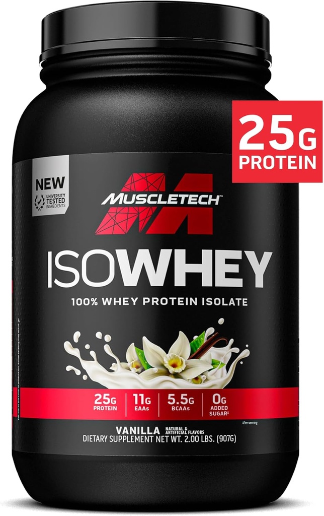 근육 기술 ISO Whey Isolate Protein Powder, Vanilla - Lean Muscle Gain, Body Building Weight Gainer & Recovery 용 포스트 운동 체육관 보충 - 25g Protein, BCAA, EAA 및 0 추가 설탕 - 2lbs