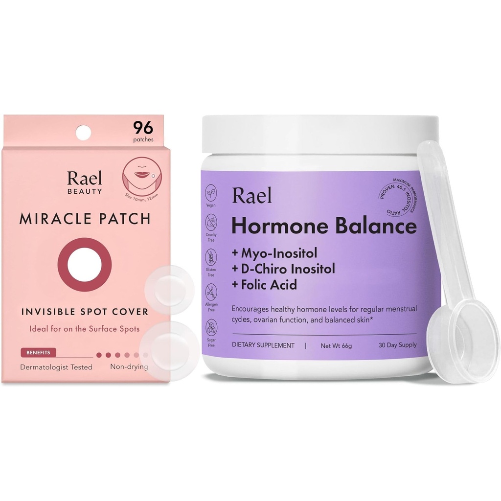 Rael Bundle - 보이지 않는 Spot Cover Pimple Patchs (96 Count) 및 여성용 호르몬 균형 보충, Fertility & Ovarian Support (30 Day Supply)