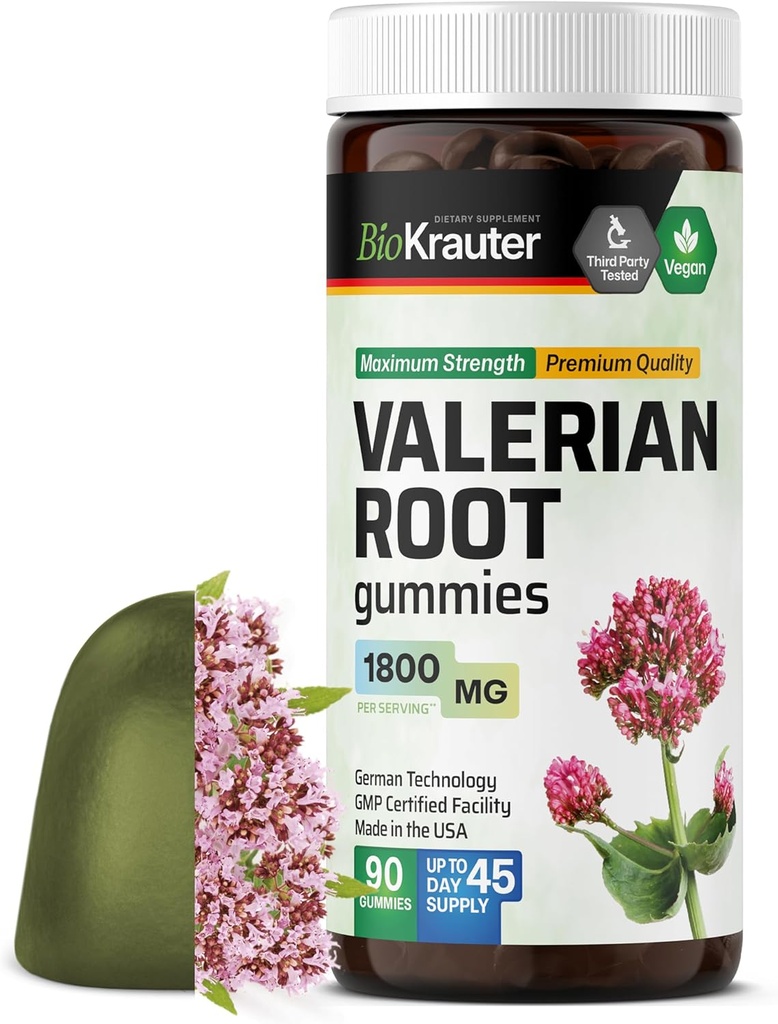 BIO KRAUTER Valerian 뿌리 Gummies - 1800 mg 힘 - 90 Vegan Chews - No Melatonin - 지원 Relaxation & Calmness - Valerian 뿌리 추출물