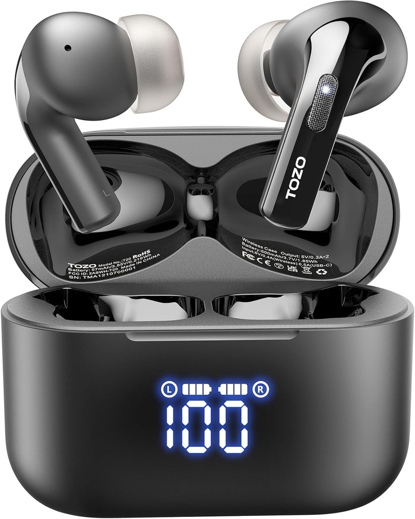 TOZO T20 무선 이어폰 Bluetooth 헤드폰 48.5 Hrs는 LED 디지털 표시 장치, IPX8를 가진 재생 시간을 방수 처리합니다, 무선 위탁 케이스를 가진 이중 Mic 외침 소음 취소 10mm 넓은 범위 스피커