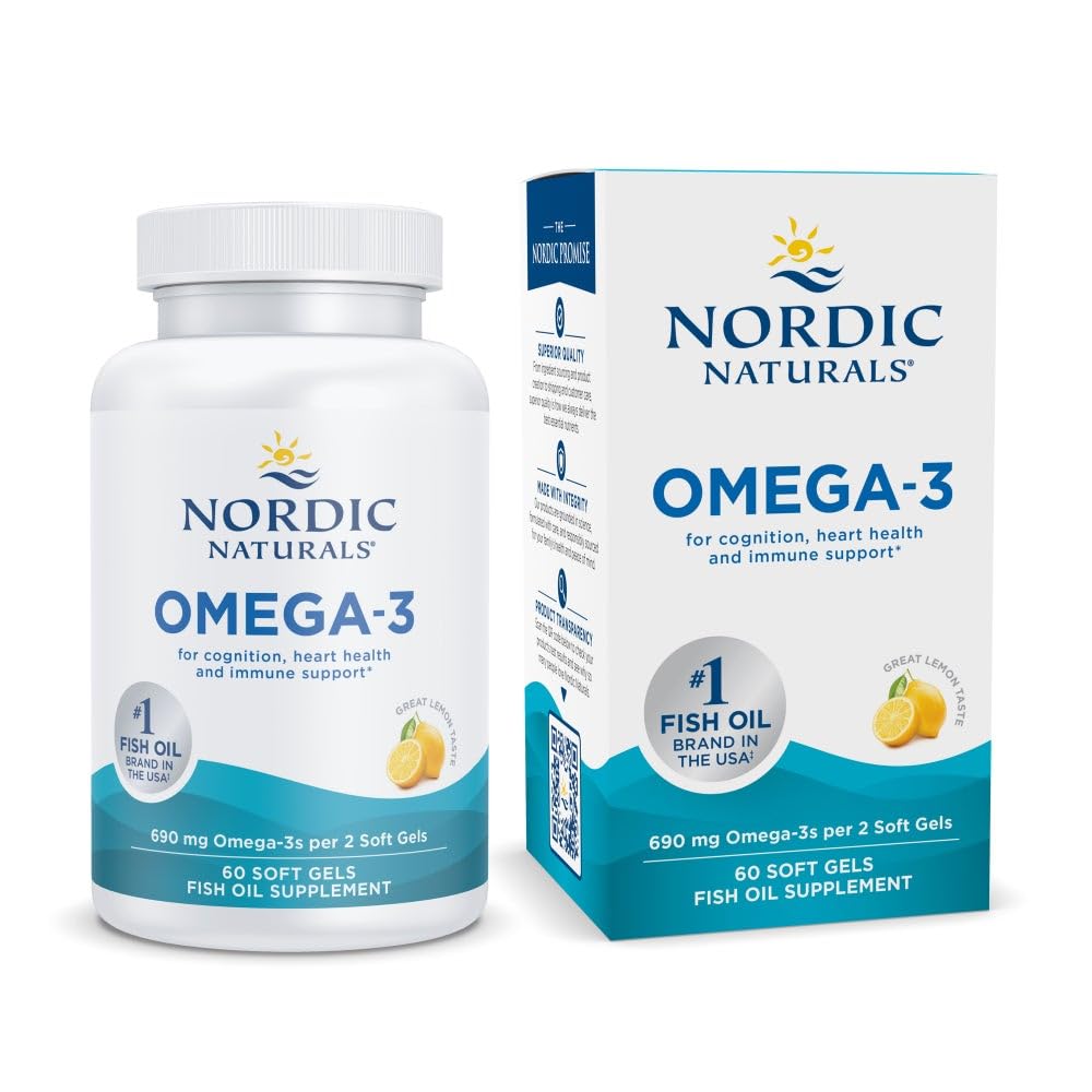 북유럽 자연 오메가-3, 레몬 맛 - 60 소프트 젤 - 690 mg 오메가-3 - 물고기 기름 - EPA & DHA - 면역 지원, 두뇌 & 심장 건강, 최선의 웰빙 - Non-GMO - 30 서빙