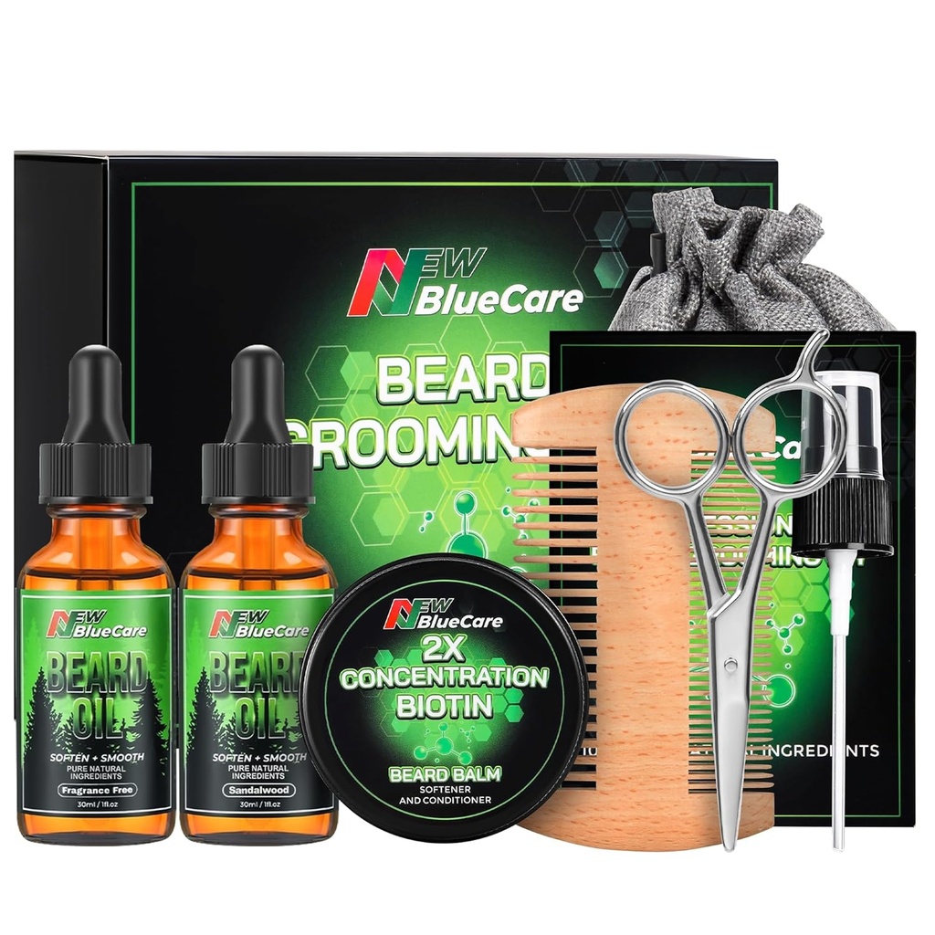 Beard Care Kit - 포함 (1) Beard Oils (Sandalwood & Unscented), Biotin Beard Growth Balm, Comb and Scissors for Grooming and Trimming - Beard Care Daddy Gifts for Men Him 남편
