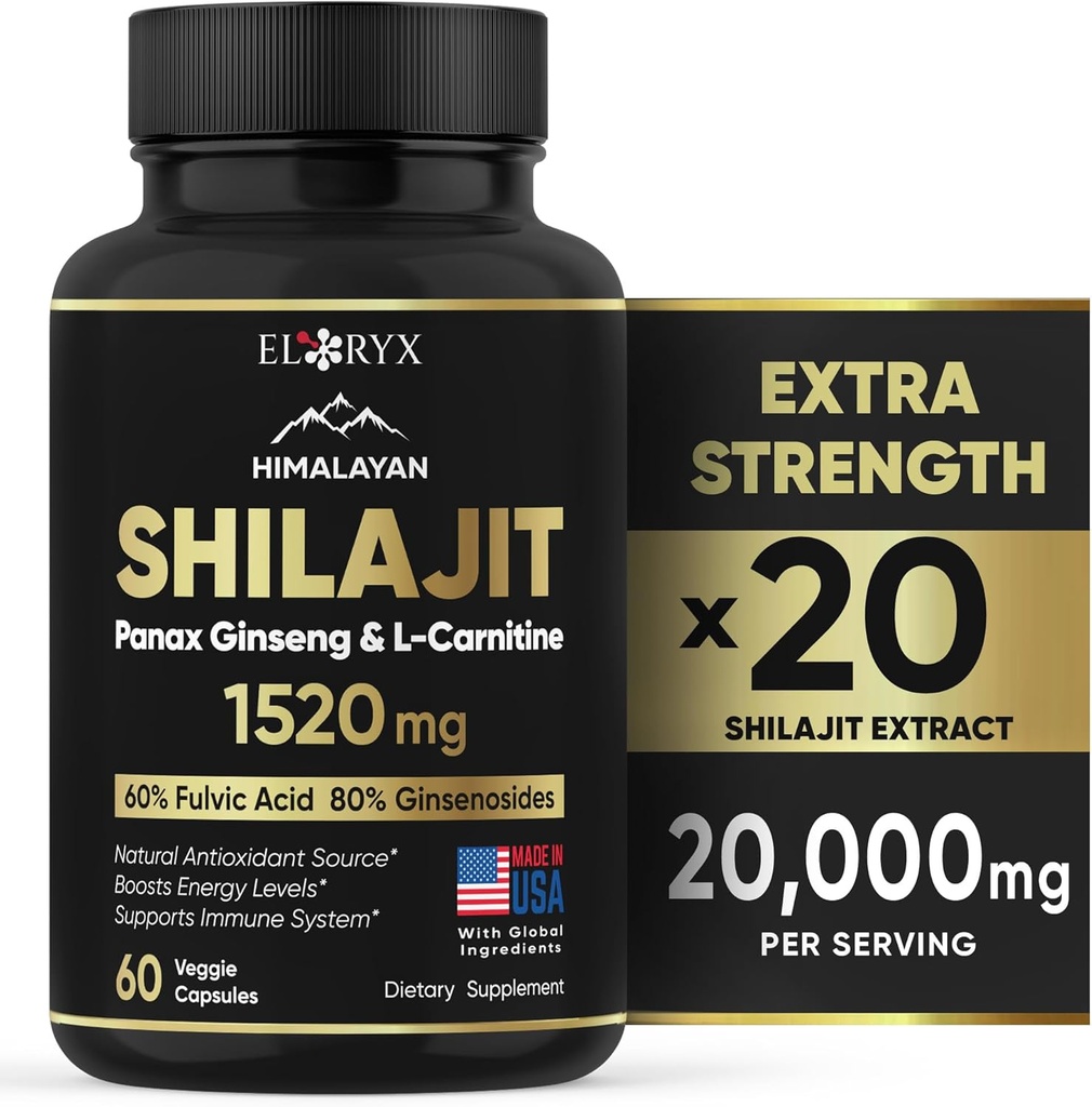 Himalayan Shilajit 보충교재, 60의 캡슐, 추출물 분말, 60% Fulvic 산, 85+ Trace 무기물, 에너지 & Immune 지원 Men & 여자를 위한 Shilajit, 확실한 수지 또는 알약 미국에 대안