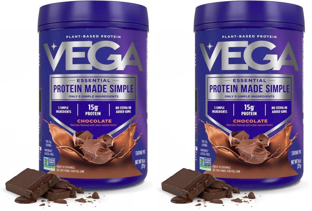 Vega Protein Made Simple, Dark Chocolate - Stevia Free Vegan Protein Powder, Plant Based, Healthy, Gluten Free, 여성 및 남성용 완두 단백질, 9.6 oz (포장 월병) (포장 2)