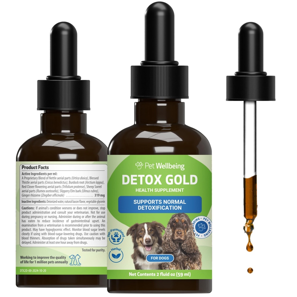 개를위한 애완 동물 웰빙 데톡스 골드 - Gentle Detoxification & Elimination Support, Immune System Care, Nettle, Blessed Thistle, Burdock Root - 수의식 공식 초본 보충 2 oz (59 ml)