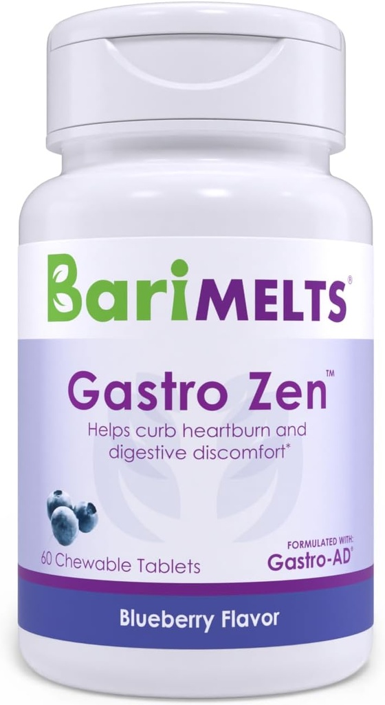 BariMelts Gastro Zen® with Gastro-AD®, 60 Chewable Tablets (1-Month Supply), Heartburn Relief 및 Gut Health 용 Postbiotics Bariatric Surgery 후