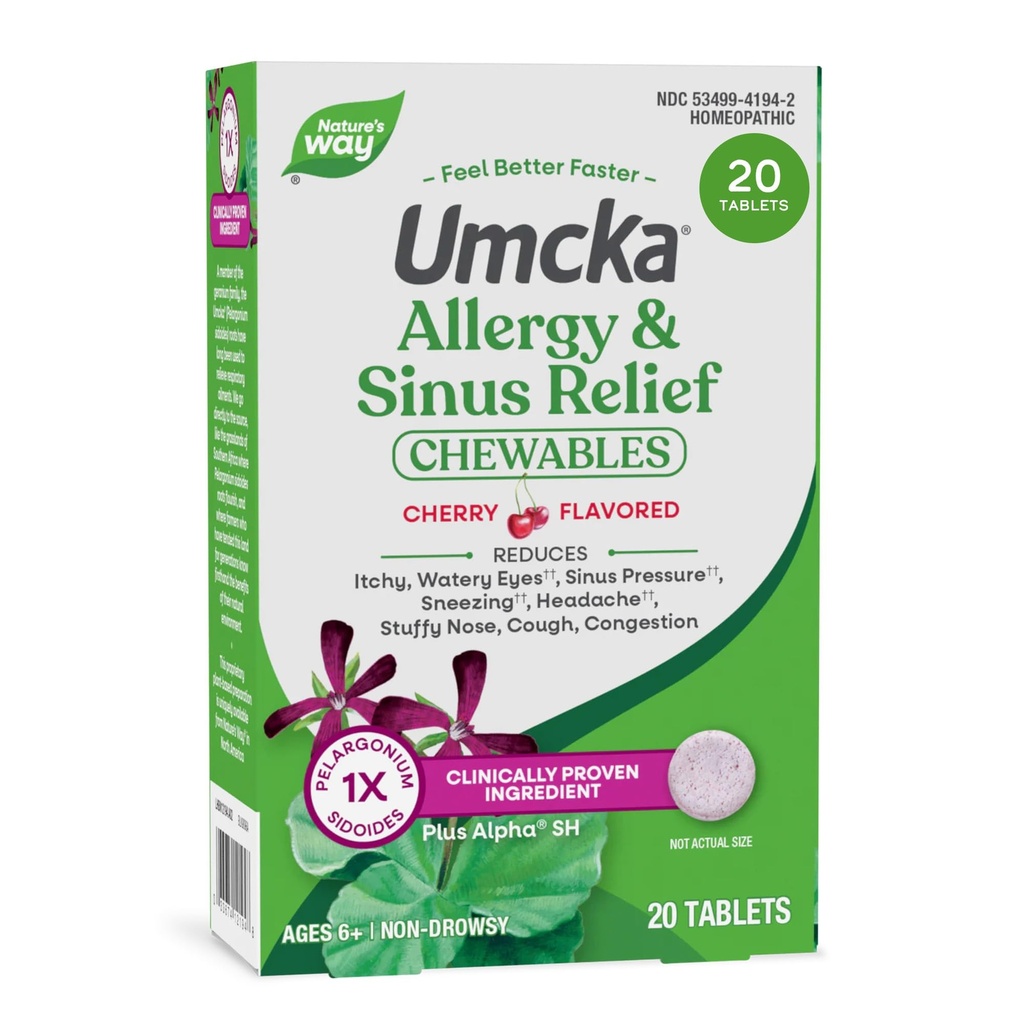 Nature's Way Allergy+Sinus Relief Chewables, Umcka, Sneezing*, Runny Nose*, Headache*, Cough, Congestion, No Phenylephrine, Non-Drowsy, Cherry flavored, 20 Chewable Tablets (패키지 May Vary)
