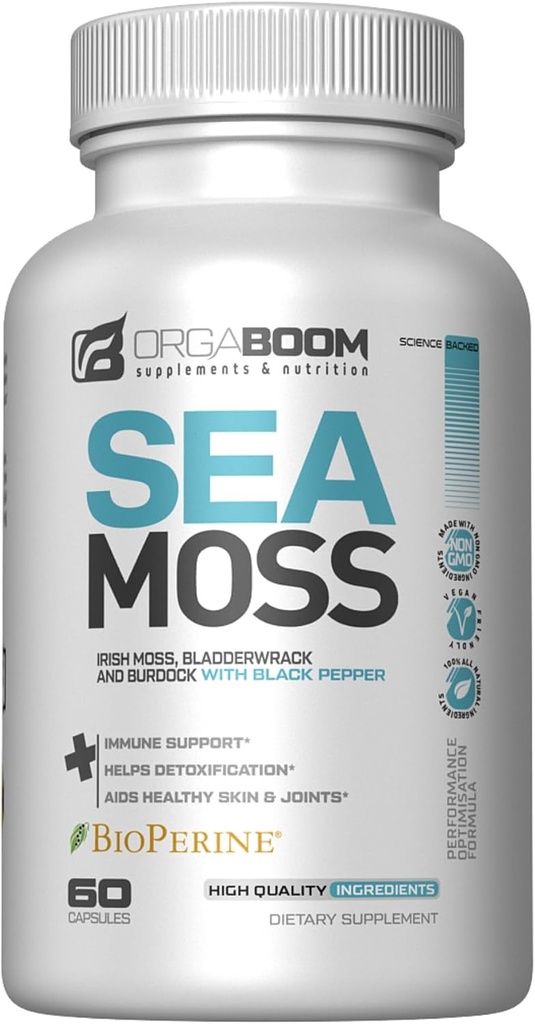 Sea Moss Capsules Irish Sea Moss Supplement with Organic Burdock Root, Bladderwrack & Black Pepper | Boost Energy, Detox & Immune Support | 비 GMO, 비건 | 미국 - 60 개
